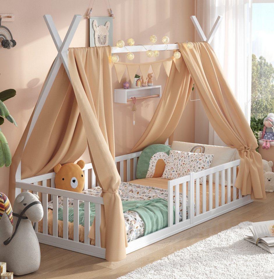 Alavya Home® Kinderbett Bodenbett SKY SET aus Buche – FSC® 100%, Deko & Matratze (Hausbett 80x160 cm SET mit Decoration Beige, Matratze, Rausfallschutz & Lattenrost Kinderbett 80x160), bodentiefes Jugendbett weiß massiv BUCHE für Junge Mädchen von Alavya Home®