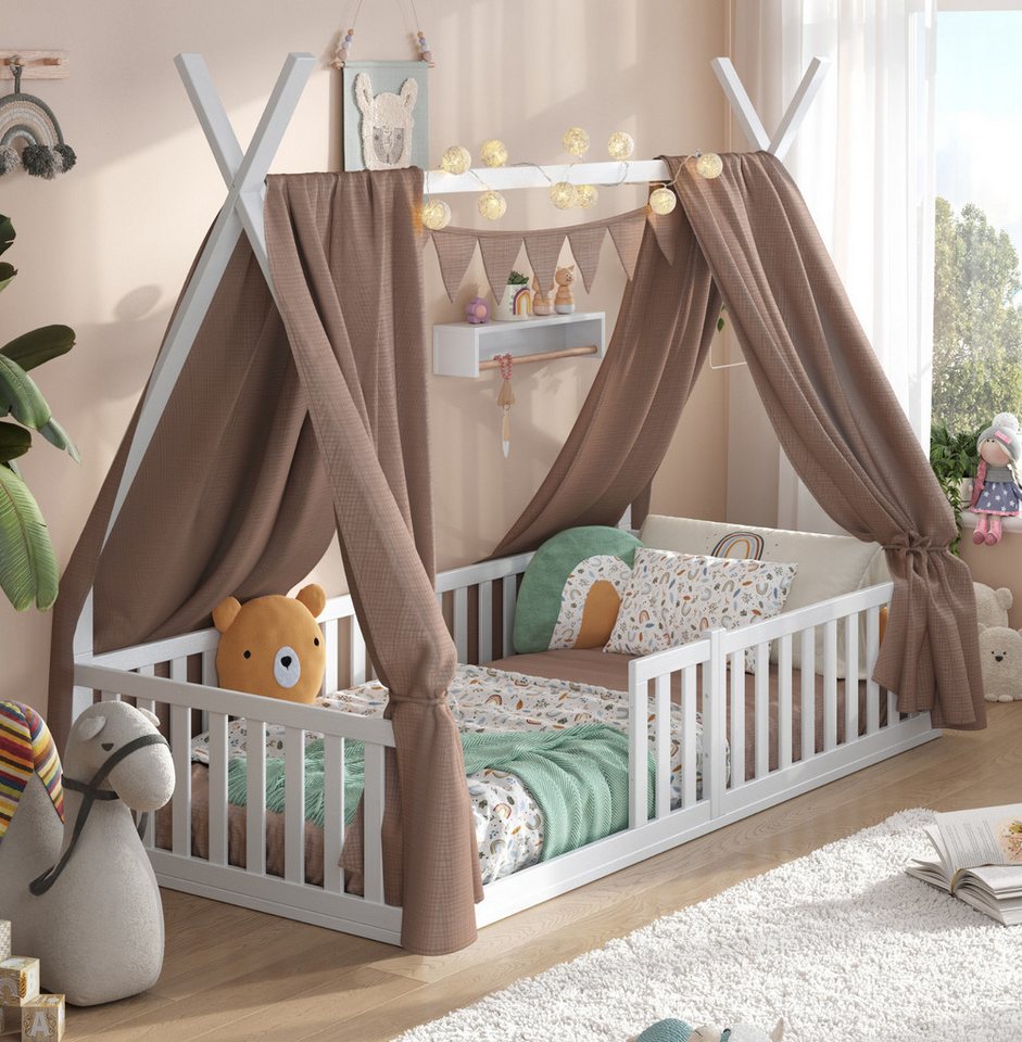 Alavya Home® Kinderbett Bodenbett SKY SET aus Buche – FSC® 100%, Deko & Matratze (Hausbett 80x160 cm SET mit Decoration Braun, Matratze, Rausfallschutz & Lattenrost Kinderbett 80x160), bodentiefes Jugendbett weiß massiv BUCHE für Junge Mädchen von Alavya Home®