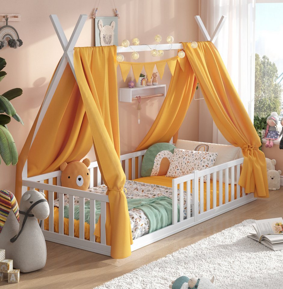 Alavya Home® Kinderbett Bodenbett SKY SET aus Buche – FSC® 100%, Deko & Matratze (Hausbett 80x160 cm SET mit Decoration Gelb, Matratze, Rausfallschutz & Lattenrost Kinderbett 80x160), bodentiefes Jugendbett weiß massiv BUCHE für Junge Mädchen von Alavya Home®