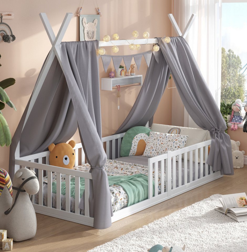 Alavya Home® Kinderbett Bodenbett SKY SET aus Buche – FSC® 100%, Deko & Matratze (Hausbett 80x160 cm SET mit Decoration Grau, Matratze, Rausfallschutz & Lattenrost Kinderbett 80x160), bodentiefes Jugendbett weiß massiv BUCHE für Junge Mädchen von Alavya Home®