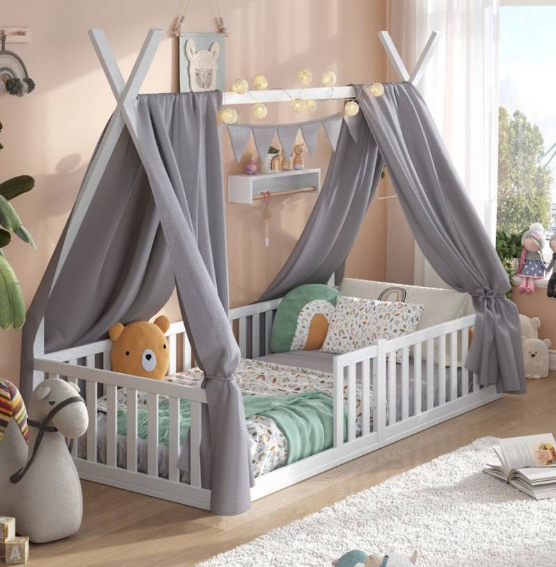 Alavya Home® Kinderbett Bodenbett SKY SET aus Buche – FSC® 100%, Deko & Matratze (Hausbett 80x160 cm SET mit Decoration Grau, Matratze, Rausfallschutz & Lattenrost Kinderbett 80x160), bodentiefes Jugendbett weiß massiv BUCHE für Junge Mädchen von Alavya Home®