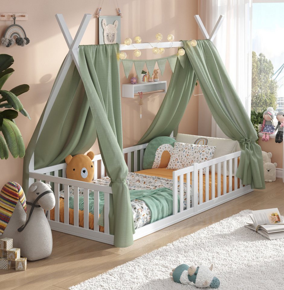 Alavya Home® Kinderbett Bodenbett SKY SET aus Buche – FSC® 100%, Deko & Matratze (Hausbett 80x160 cm SET mit Decoration Khaki, Matratze, Rausfallschutz & Lattenrost Kinderbett 80x160), bodentiefes Jugendbett weiß massiv BUCHE für Junge Mädchen von Alavya Home®