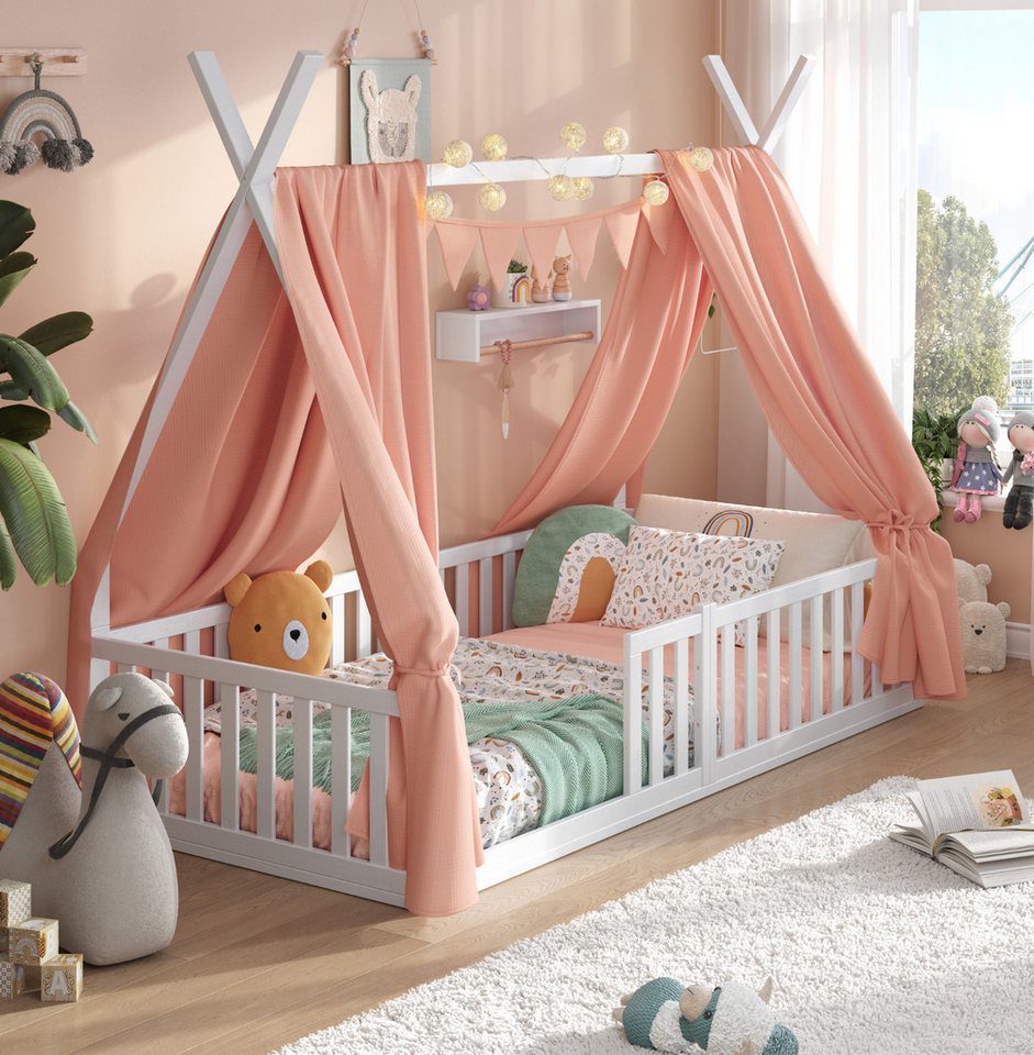Alavya Home® Kinderbett Bodenbett SKY SET aus Buche – FSC® 100%, Deko & Matratze (Hausbett 80x160 cm SET mit Decoration Rosa, Matratze, Rausfallschutz & Lattenrost Kinderbett 80x160), bodentiefes Jugendbett weiß massiv BUCHE für Junge Mädchen von Alavya Home®