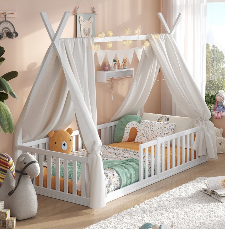 Alavya Home® Kinderbett Bodenbett SKY SET aus Buche – FSC® 100%, Deko & Matratze (Hausbett 80x160 cm SET mit Decoration Weiß, Matratze, Rausfallschutz & Lattenrost Kinderbett 80x160), bodentiefes Jugendbett weiß massiv BUCHE für Junge Mädchen von Alavya Home®