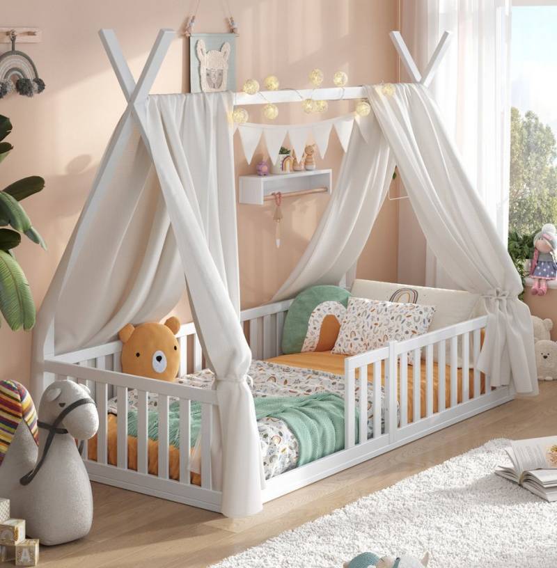 Alavya Home® Kinderbett Bodenbett SKY SET aus Buche – FSC® 100%, Deko & Matratze (Hausbett 80x160 cm SET mit Decoration Weiß, Matratze, Rausfallschutz & Lattenrost Kinderbett 80x160), bodentiefes Jugendbett weiß massiv BUCHE für Junge Mädchen von Alavya Home®