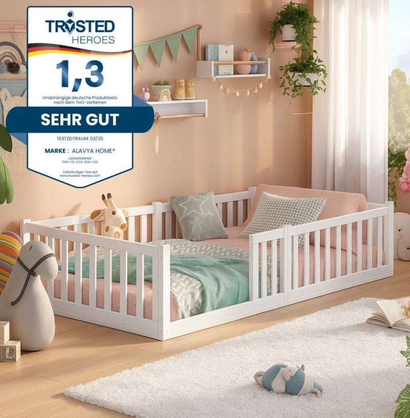 Alavya Home® Kinderbett Bodenbett TITAN aus Buche – FSC® 100% zertifiziert (Bodenbett 80x160 cm Inklusive Matratze, Rausfallschutz & Lattenrost, Kinderbett 80x160 Jugendbett weiß massiv BUCHE für Junge Mädchen), Neu und Hochwertig – Einzigartig auf OTTO – Top-Preis! von Alavya Home®