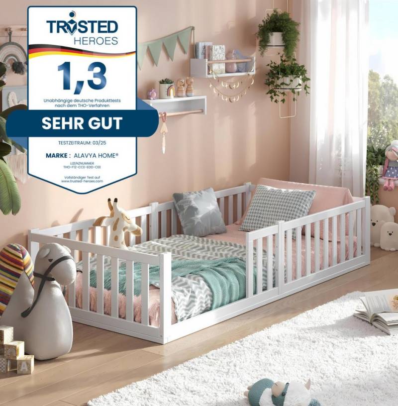 Alavya Home® Kinderbett Bodenbett TITAN aus Buchenholz FSC® 100% zertifizert (Exklusives Beech Wood Bett – Neu und Hochwertig – Einzigartig auf OTTO – Top-Preis!, Bodenbett 90x200 cm inkl. Matratze mit Rausfallschutz & Lattenrost Kinderbett 90x200), bodentiefes weiß bett massiv BUCHE für Junge Mädchen Eltern von Alavya Home®