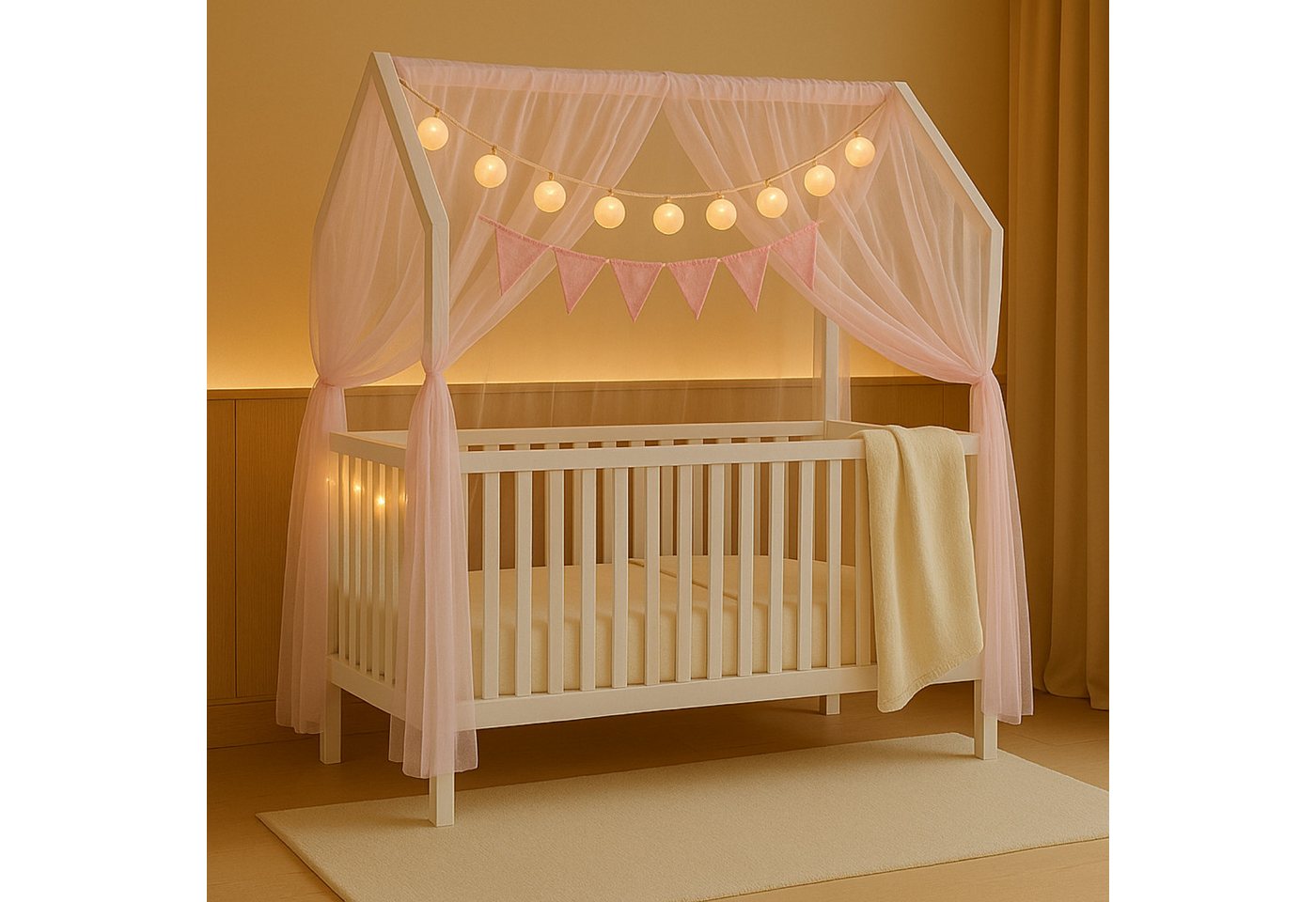 Alavya Home® Komplettbett ELLA 60x120 cm SET mit Deko & Lichterkette aus Massivholz Kiefer Weiß, Höhenverstellbar im Hausdesign mit Schlupfsprossen optionaler Matratze von Alavya Home®