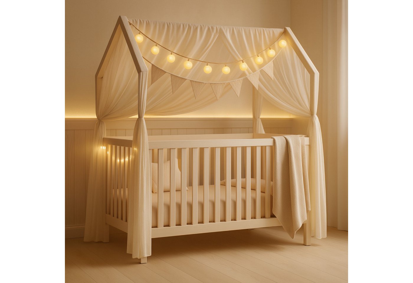 Alavya Home® Komplettbett ELLA 60x120 cm SET mit Deko & Lichterkette aus Massivholz Kiefer Weiß, Höhenverstellbar im Hausdesign mit Schlupfsprossen optionaler Matratze von Alavya Home®