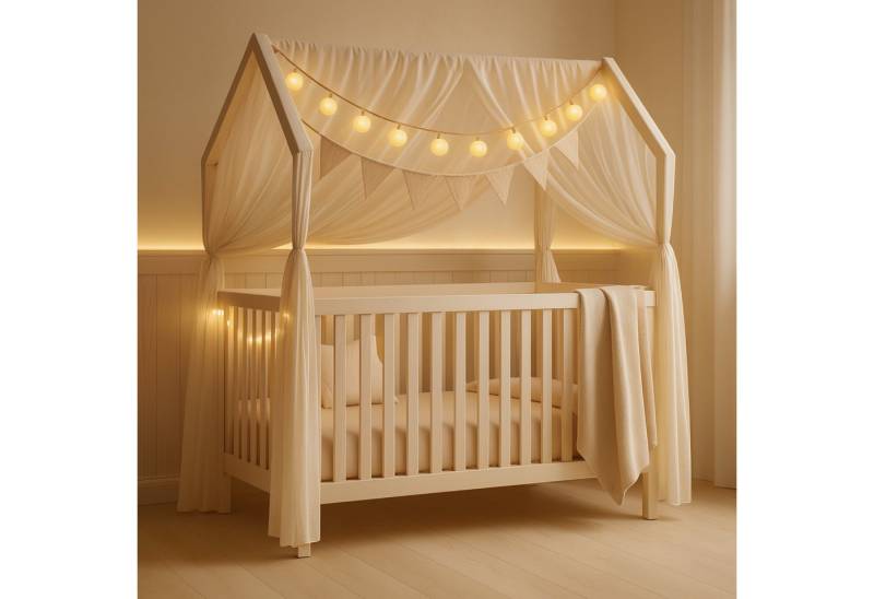 Alavya Home® Komplettbett ELLA 60x120 cm SET mit Deko & Lichterkette aus Massivholz Kiefer Weiß, Höhenverstellbar im Hausdesign mit Schlupfsprossen optionaler Matratze von Alavya Home®