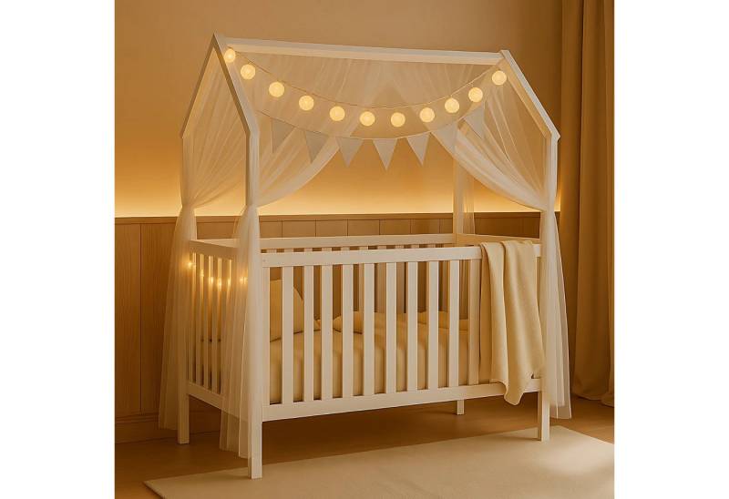 Alavya Home® Komplettbett ELLA 60x120 cm SET mit Deko & Lichterkette aus Massivholz Kiefer Weiß, Höhenverstellbar im Hausdesign mit Schlupfsprossen optionaler Matratze von Alavya Home®