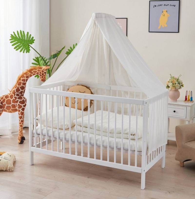 Alavya Home® Komplettbett TOBI 5-tlg.SET für Kleine Babys I 9-fach höhenverstellbarer EN 716-1, Babybett 60x120 mit Matratze und Himmel + Himmelstange aus Buchenholz von Alavya Home®