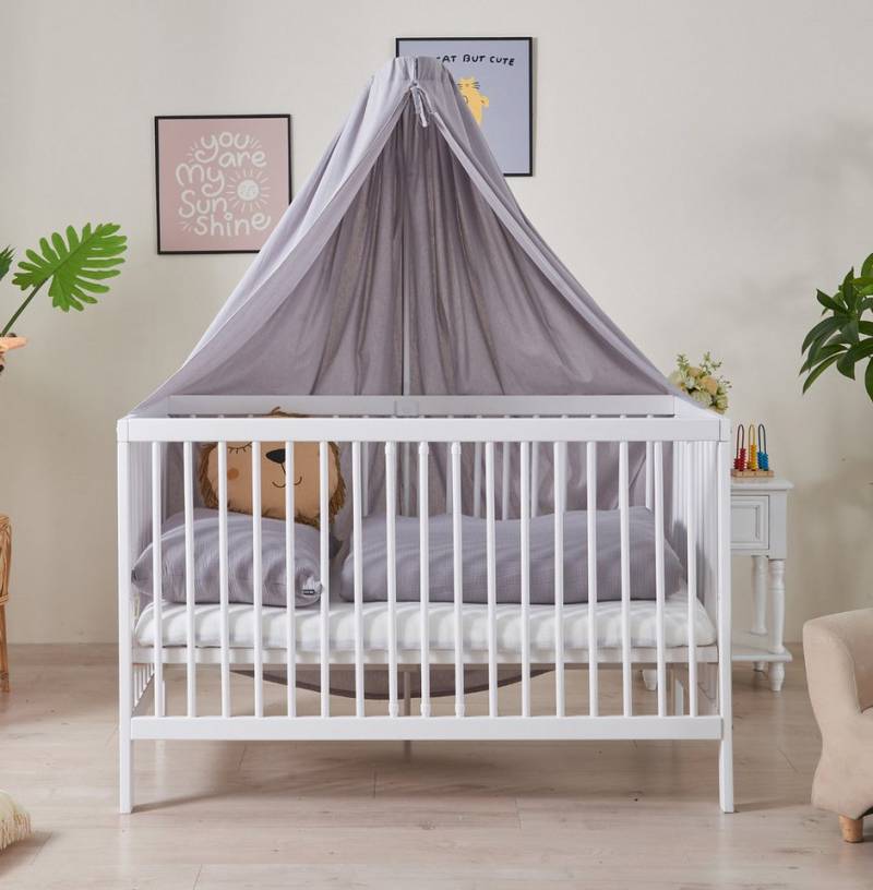 Alavya Home® Komplettbett TOBI 5-tlg.SET für Kleine Babys I 9-fach höhenverstellbarer EN 716-1, Babybett 70x140 mit Matratze und Himmel + Himmelstange aus Buchenholz von Alavya Home®