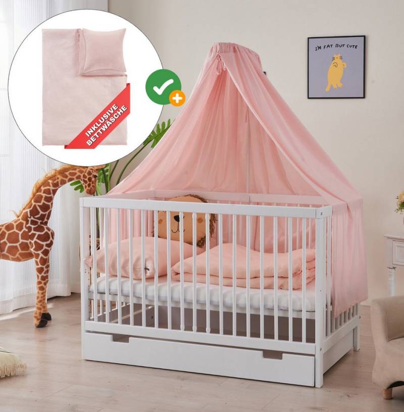Alavya Home® Komplettbett TOBI 7-tlg.SET für Kleine Babys I 9-fach höhenverstellbarer EN 716-1, Babybett 60x120 mit Matratze, Schublade Himmel mit stange + Bettwäsche von Alavya Home®