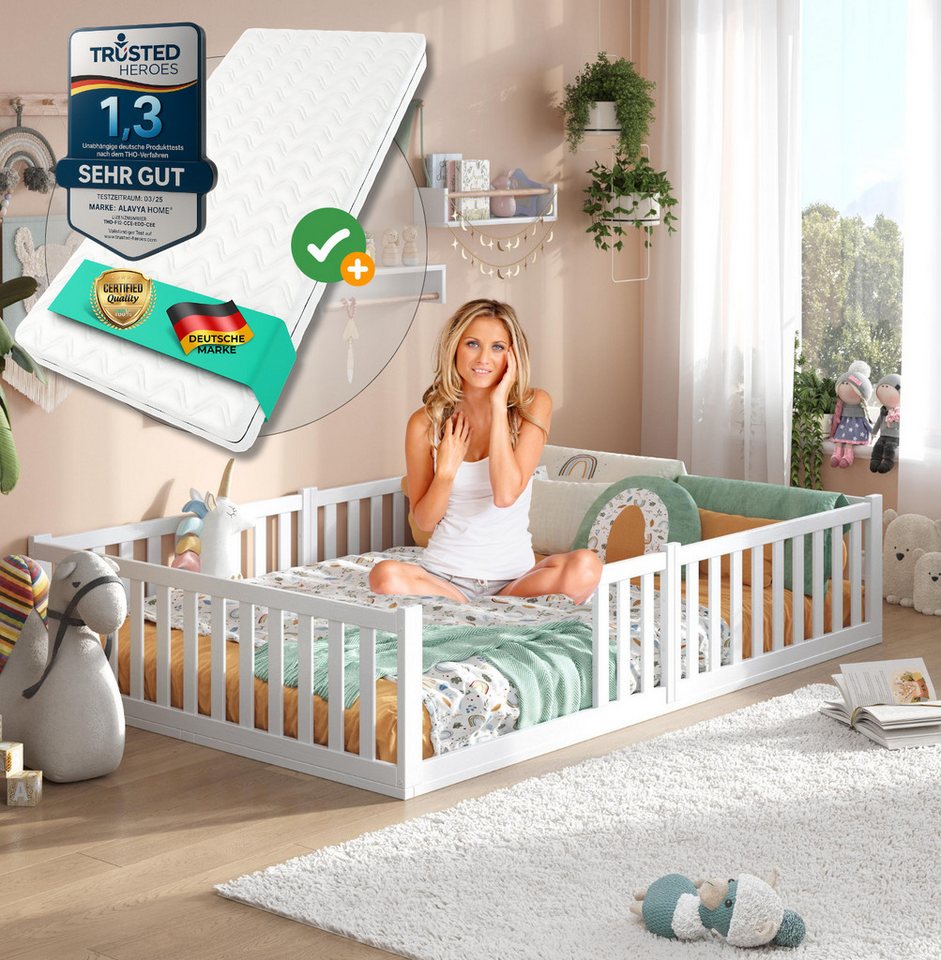 Alavya Home® Massivholzbett BUCHE mit Matratze FSC® 100% zertifizert I Limitiertes Angebot, bodentiefes weiß bett mit Rausfallschutz & Lattenrost – Top-Preis! von Alavya Home®