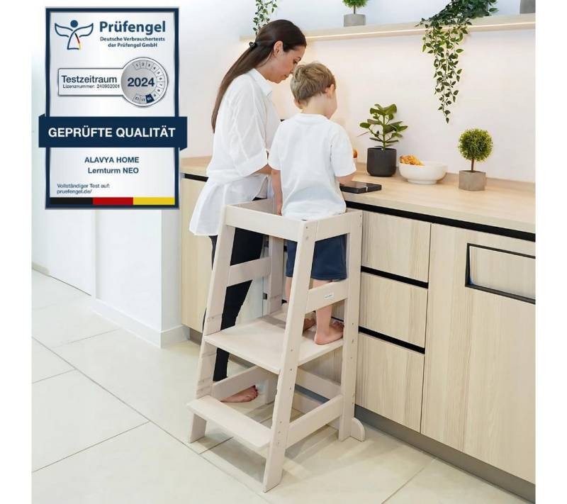 Alavya Home® Stehhilfe Lernturm NEO – Bestseller! FSC 100%, ab 1 Jahr, bis 70 kg belastbar (2 Jahre gesetzliche Gewährleistung), Learning Tower Tritthocker, Kippschutz aus Buchenholz Höhenverstellbar von Alavya Home®