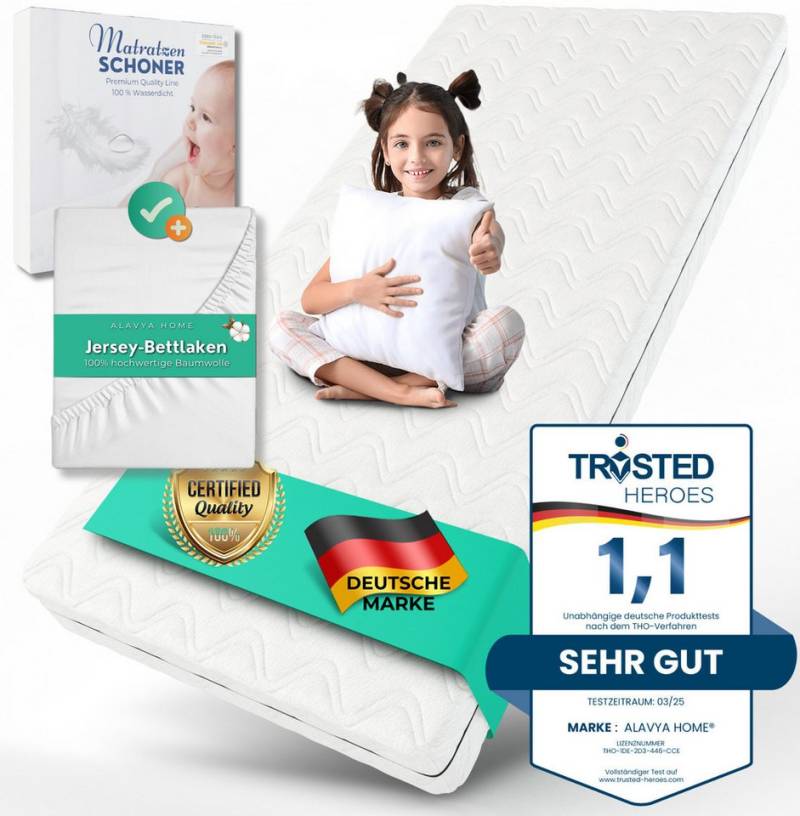 Kindermatratze COZY 3-tlg. inkl. Spannbettlaken + Matratzenschoner bis 30 cm Höhe, Alavya Home®, 10 cm hoch, (Set, 1 x Kindermatratze + 1 x Spannbettlaken + 1 x Matratzenschoner), mit waschbarem Bezug CertiPUR zertifizierter Härtegrad H2 Matratze von Alavya Home®