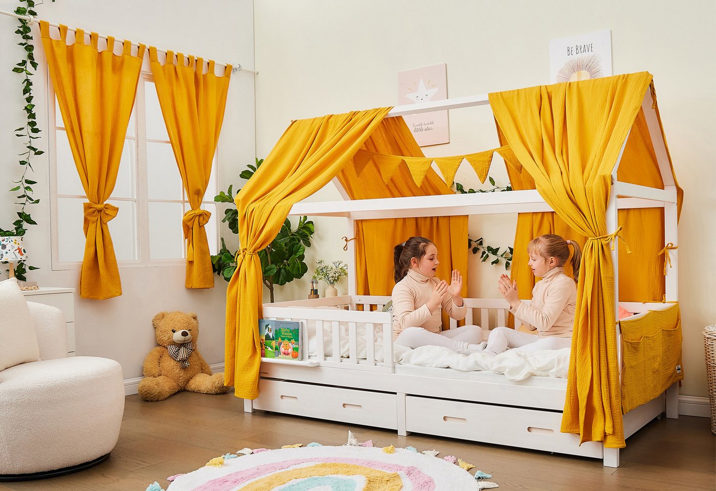 Vorhang Komplett SET mit Hausbett DEKO, Alavya Home®, Schlaufen (2 St), Lichtschutz, 100% Bio-Musselin Baumwolle, Vorhänge 100 x 150 cm Kurz 2er-Set für Kinderzimmer von Alavya Home®