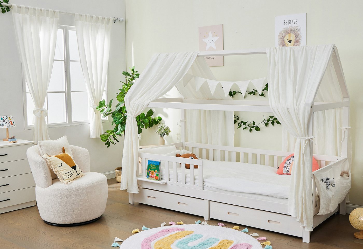 Vorhang Komplett SET mit Hausbett DEKO, Alavya Home®, Schlaufen (2 St), Lichtschutz, 100% Bio-Musselin Baumwolle, Vorhänge 100 x 150 cm Kurz 2er-Set für Kinderzimmer von Alavya Home®