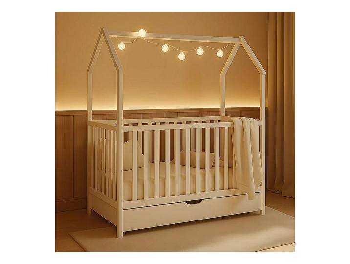 Alavya Home® Babybett ELLA 70x140 cm aus Massivholz Kiefer Weiß – Höhenverstellbar, Hausoptik, weiß, Weiß - Schublade + Matratze von Alavya-Home