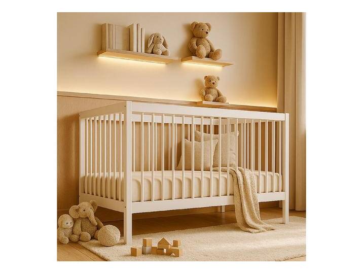 Alavya Home® Babybett TOBI I Das Beste für Kleine Babys I 9-fach höhenverstellbarer EN 716-1, Babybett 70x140 mit Matratze Gitterbett Baby Bett Weiß aus Buchenholz, weiß von Alavya-Home