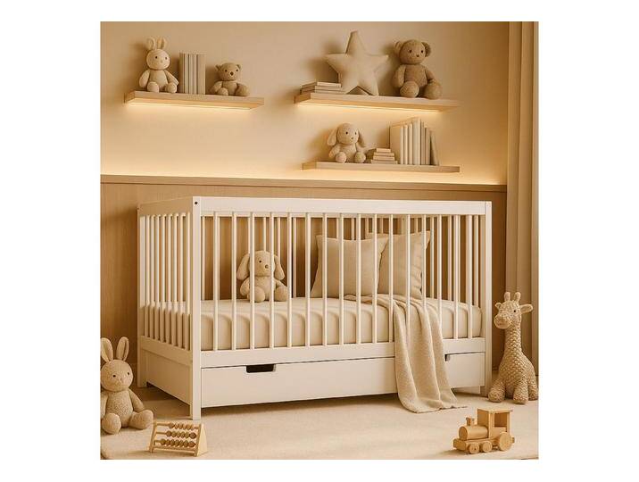 Alavya Home® Babybett TOBI I Das Beste für Kleine Babys I 9-fach höhenverstellbarer EN 716-1, Babybett 70x140 mit Matratze und Schublade Gitterbett aus Buchenholz, weiß von Alavya-Home