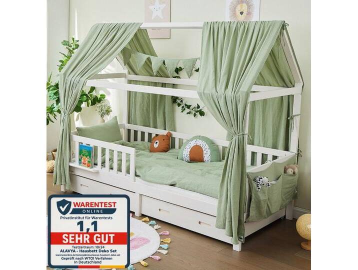 Alavya Home® Betthimmel Dekoset für Hausbett CLOUD 80x160, 90x200 – OTTOs Choice, Topseller (KOMPLETT SET I 2 Stück Betthimmel I 1 Stück Wimpelkette 300cm cm lang mit 9 Stück Wimpeln, 3-tlg), Dekoset aus 100% Bio-Musselin Baumwolle GOTS zertifiziert, 125x350 cm von Alavya-Home