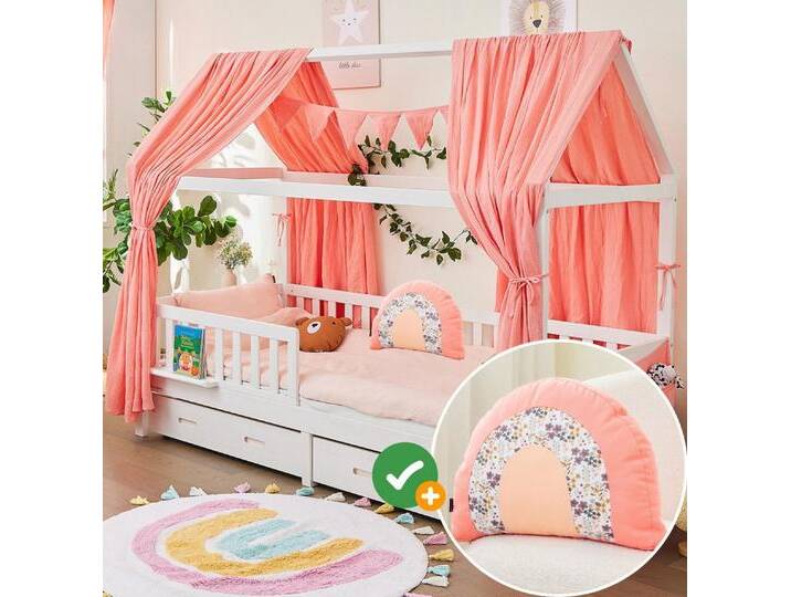 Alavya Home® Betthimmel Der Luxus DEKO SET für HAUSBETT 80x160 I 90x200 mit Kissen (4-tlg SET 2 x Betthimmel Länge: 350 cm, Breite: 125 cm und 1 x Wimpellkette: Länge: 300cm1 x Kissen), Exklusives Dekoset aus 100% Bio-Baumwolle GOTS zertifiziert für Kinder von Alavya-Home