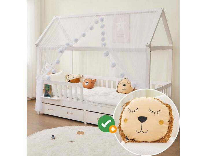 Alavya Home® Betthimmel Der Luxus DEKO SET für HAUSBETT 80x160 I 90x200 mit Löwenkissen (4-tlg SET 2 x Betthimmel Länge: 340 cm, Breite: 150 cm und 1 x Groß Pompomkette 1 x Kissen) von Alavya-Home