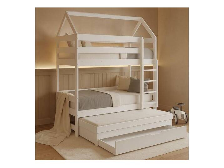 Alavya Home® Etagenbett CASA Hochbett Kinderbett 80x160 cm mit Lattenrost und Rausfallschutz (Etagenbett 80×160 cm in Weiß für 3 Kinder – FSC®‑zertifiziertes Kiefernholz, platzsparendes Hochbett mit integriertem Gästebett) von Alavya-Home