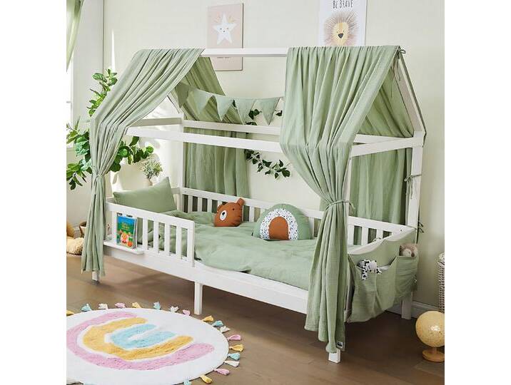 Alavya Home® Hausbett BUCHE CLOUD BESTSELLER! (SET Kinderbett 90x200, inklusive Matratze 90x200 Buchablage Rausfallschutz und Lattenrost), Hausbett 90x200cm für Mädchen und Jungen aus Massiv Buchenholz, weiß, Hausbett mit Matratze von Alavya-Home