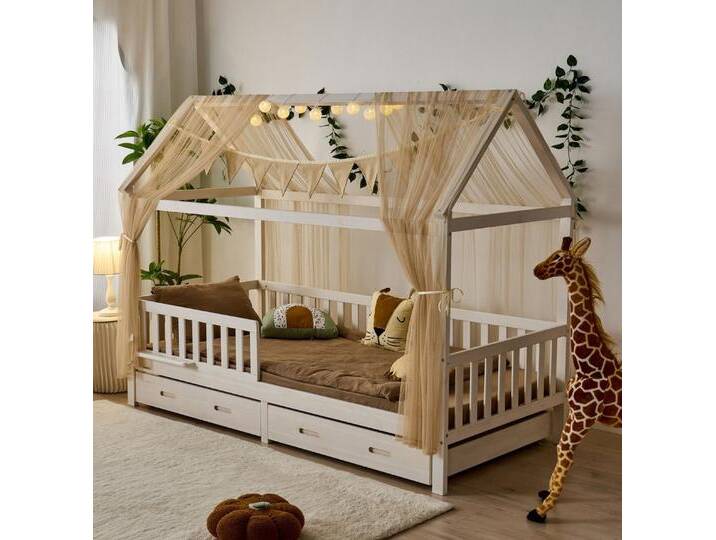 Alavya Home® Hausbett BUCHE CLOUD I KOMPLETT SET mit 2 Schubkästen (Kinderbett 80x160 cm mit Schublade inkl. Deko Beige und Matratze I Hausbett 80x160), Aus massivem Buchenholz, beige von Alavya-Home