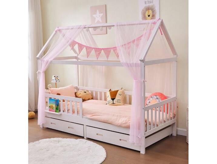 Alavya Home® Hausbett BUCHE CLOUD I KOMPLETT SET mit 2 Schubkästen (Kinderbett 80x160 cm mit Schublade inkl. Deko Rosa und Matratze), Aus massivem Buchenholz, rosa von Alavya-Home