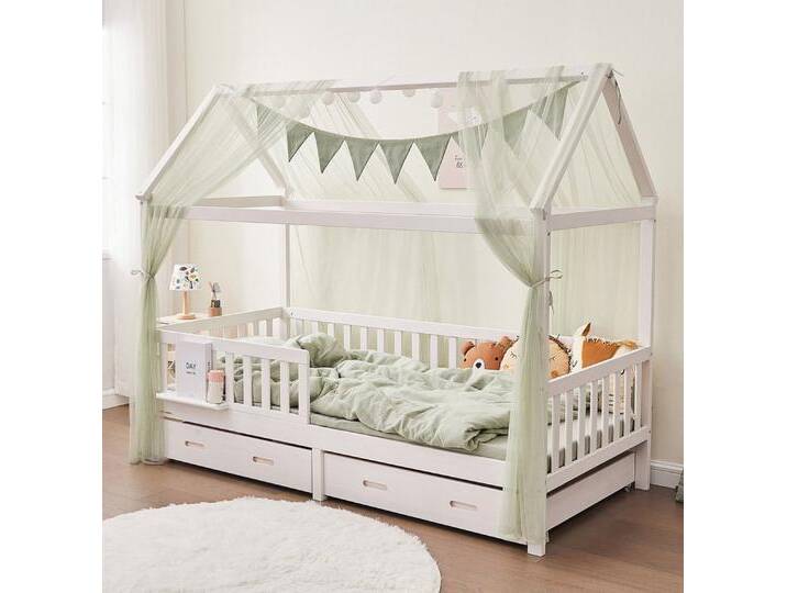 Alavya Home® Hausbett CLOUD aus Buche FSC® 100% zertifiziert KOMPLETT SET mit 2 Schubkästen (Kinderbett 80x160 cm mit Schublade inkl. Deko Khaki und Matratze I Hausbett 80x160), Aus massivem Buchenholz von Alavya-Home