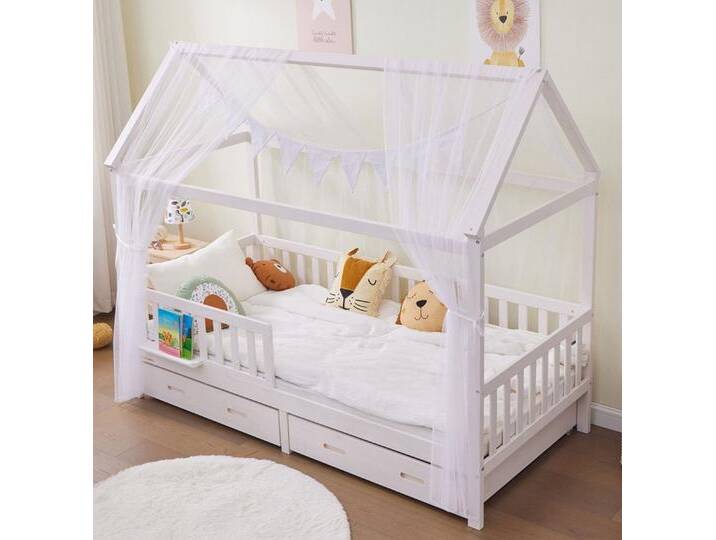 Alavya Home® Hausbett CLOUD aus Buche FSC® 100% zertifiziert KOMPLETT SET mit 2 Schubkästen (Kinderbett 90x200 cm mit Schublade inkl. Deko weiß und Matratze I Hausbett 90x200cm), Aus massivem Buchenholz von Alavya-Home