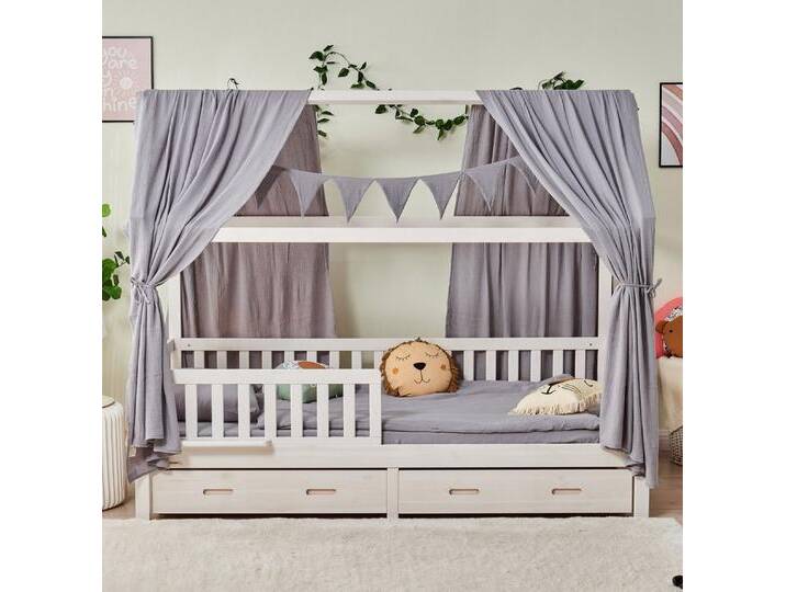 Alavya Home® Hausbett CLOUD aus Buche FSC® 100% zertifiziert KOMPLETT SET mit Musselin DEKO (Kinderbett 90x200 cm mit Schubladen I KOMPLETT Set - inkl. 100% Bio-Musselin Baumwolle Deko und Matratze I GOTS zertifiziert, Massivholzbett mit Rausfallschutz und Lattenrost I Jugendbett Liegefläche 200x90 cm), FSC zertifizierter aus massivem Buchenholz von Alavya-Home