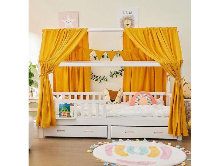 Alavya Home® Hausbett CLOUD aus Buche FSC® 100% zertifiziert KOMPLETT SET mit Musselin DEKO (Kinderbett 90x200 cm mit Schubladen I KOMPLETT Set - inkl. 100% Bio-Musselin Baumwolle Deko und Matratze I GOTS zertifiziert, Massivholzbett mit Rausfallschutz und Lattenrost I Jugendbett Liegefläche 200x90 cm), FSC zertifizierter aus massivem Buchenholz von Alavya-Home