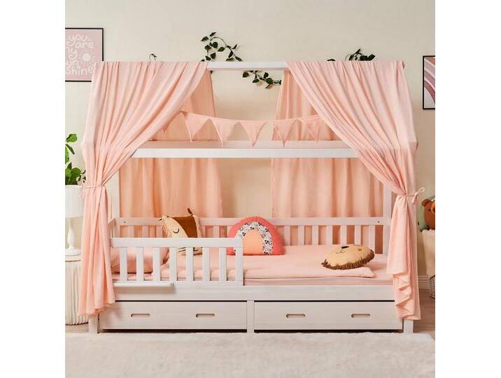 Alavya Home® Hausbett CLOUD aus Buche FSC® 100% zertifiziert KOMPLETT SET mit Musselin DEKO (Kinderbett 90x200 cm mit Schubladen I KOMPLETT Set - inkl. 100% Bio-Musselin Baumwolle Deko und Matratze I GOTS zertifiziert, Massivholzbett mit Rausfallschutz und Lattenrost I Jugendbett Liegefläche 200x90 cm), FSC zertifizierter aus massivem Buchenholz von Alavya-Home