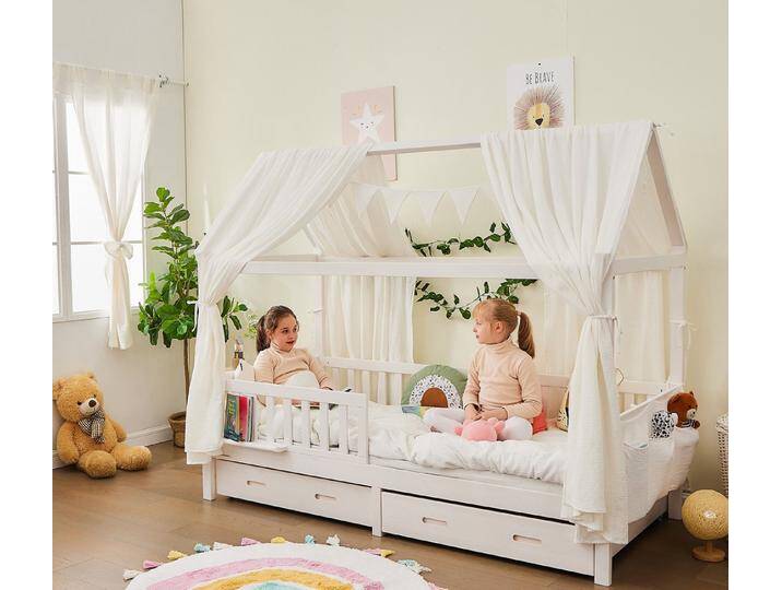 Alavya Home® Hausbett CLOUD aus Buche FSC® 100% zertifiziert SET mit DEKO und VORHANG (Kinderbett 90x200 cm mit Schubladen I KOMPLETT Set - inkl. 100% Bio-Musselin Baumwolle Deko, Vorhang und Matratze I GOTS zertifiziert I Massivholzbett mit Rausfallschutz und Lattenrost I Jugendbett Liegefläche 200x90 cm), aus Massiv Buchenholz von Alavya-Home