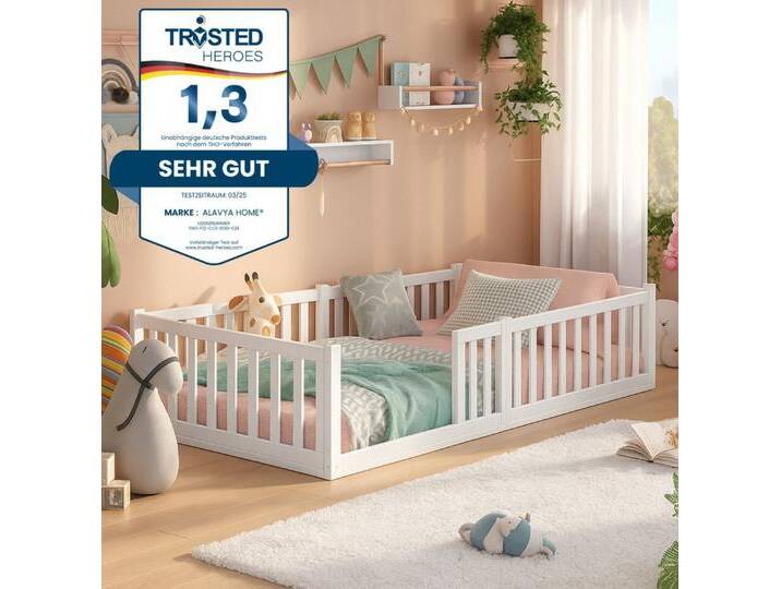 Alavya Home® Kinderbett Bodenbett TITAN aus Buche – FSC® 100% zertifiziert (Bodenbett 80x160 cm Inklusive Matratze, Rausfallschutz & Lattenrost, Kinderbett 80x160 Jugendbett weiß massiv BUCHE für Junge Mädchen), Neu und Hochwertig – Einzigartig auf OTTO – Top-Preis! von Alavya-Home