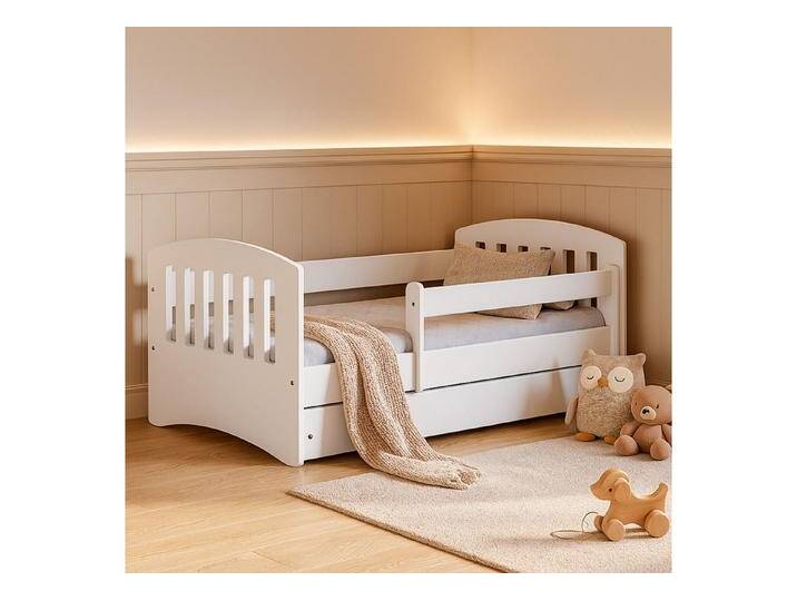 Alavya Home® Kinderbett NOA mit Schublade optional Matratze Erhältlich in 80x140 80x160 80x180 (Kinderbett Komplettset 80x140 cm mit Matratze Schublade & Lattenrost), aus Kiefernholz, modernes weißes Design – perfekt fürs Kinderzimmer von Alavya-Home