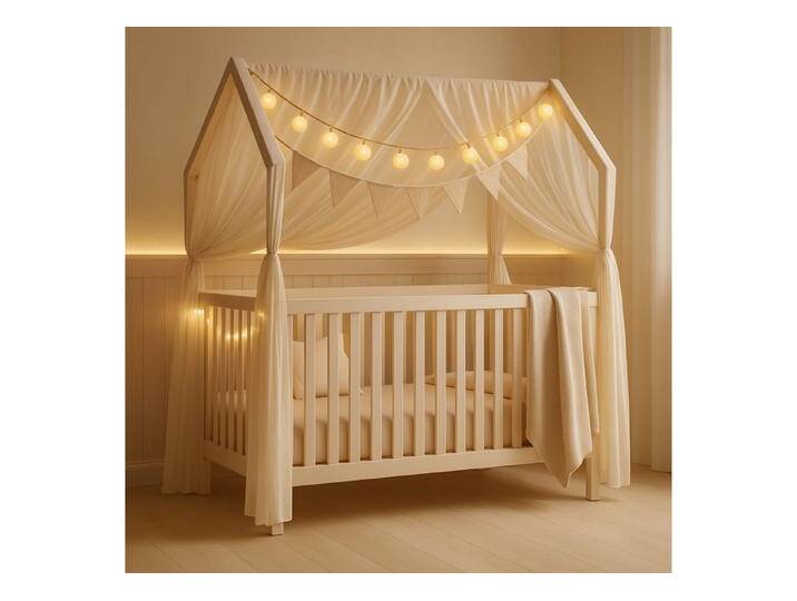 Alavya Home® Komplettbett ELLA 60x120 cm SET mit Deko & Lichterkette aus Massivholz Kiefer Weiß, beige weiß, Weiß - Beige Deko + Matratze von Alavya-Home