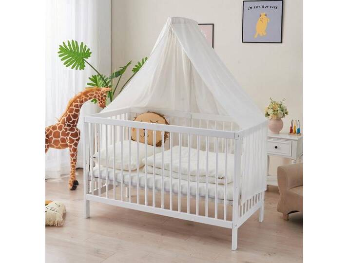 Alavya Home® Komplettbett TOBI 5-tlg.SET für Kleine Babys I 9-fach höhenverstellbarer EN 716-1, Babybett 60x120 mit Matratze und Himmel + Himmelstange aus Buchenholz von Alavya-Home