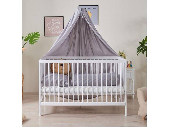 Alavya Home® Komplettbett TOBI 5-tlg.SET für Kleine Babys I 9-fach höhenverstellbarer EN 716-1, Babybett 70x140 mit Matratze und Himmel + Himmelstange aus Buchenholz von Alavya-Home