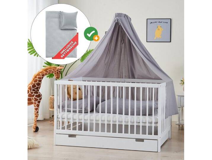 Alavya Home® Komplettbett TOBI 7-tlg.SET für Kleine Babys I 9-fach höhenverstellbarer EN 716-1, Babybett 60x120 mit Matratze, Schublade Himmel mit stange + Bettwäsche von Alavya-Home