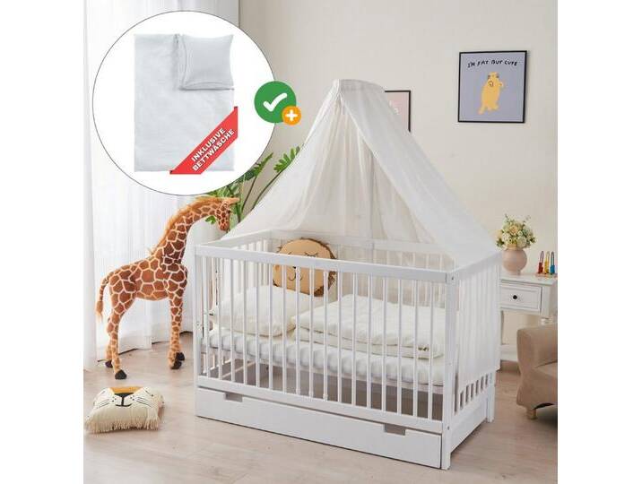 Alavya Home® Komplettbett TOBI 7-tlg.SET für Kleine Babys I 9-fach höhenverstellbarer EN 716-1, Babybett 60x120 mit Matratze, Schublade Himmel mit stange + Bettwäsche von Alavya-Home