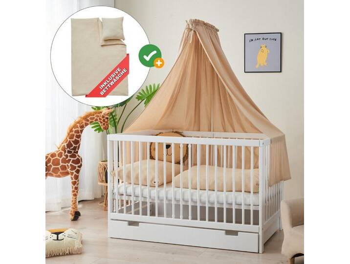 Alavya Home® Komplettbett TOBI 7-tlg.SET für Kleine Babys I 9-fach höhenverstellbarer EN 716-1, Babybett 60x120 mit Matratze, Schublade Himmel mit stange + Bettwäsche von Alavya-Home