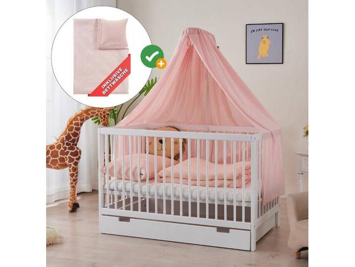 Alavya Home® Komplettbett TOBI 7-tlg.SET für Kleine Babys I 9-fach höhenverstellbarer EN 716-1, Babybett 60x120 mit Matratze, Schublade Himmel mit stange + Bettwäsche von Alavya-Home
