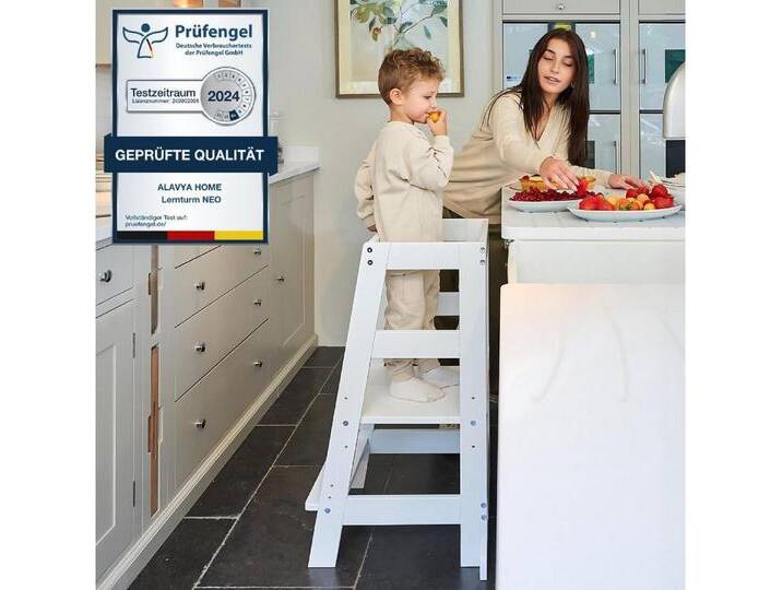 Alavya Home® Stehhilfe Lernturm NEO – Bestseller! FSC 100%, ab 1 Jahr, bis 70 kg belastbar (2 Jahre gesetzliche Gewährleistung), Learning Tower Tritthocker, Kippschutz aus Buchenholz Höhenverstellbar von Alavya-Home