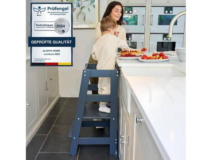 Alavya Home® Stehhilfe Lernturm NEO – Bestseller! FSC 100%, ab 1 Jahr, bis 70 kg belastbar (2 Jahre gesetzliche Gewährleistung), Learning Tower Tritthocker, Kippschutz aus Buchenholz Höhenverstellbar von Alavya-Home